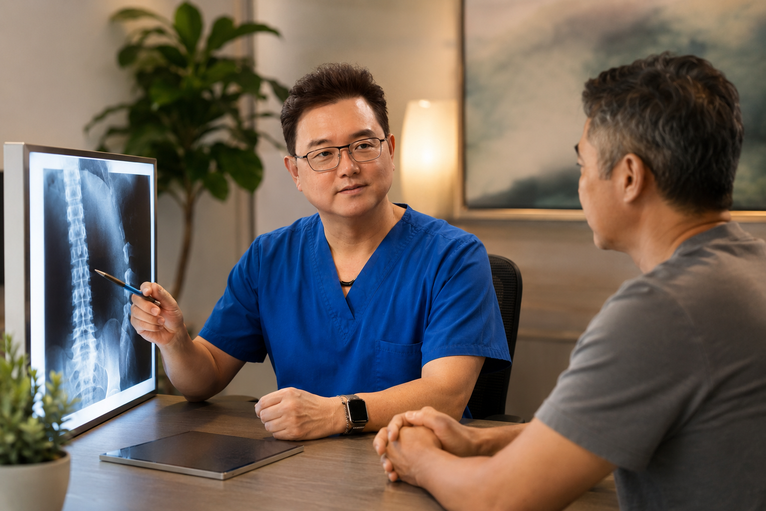 Dr. Kim reviewing X-ray with patient