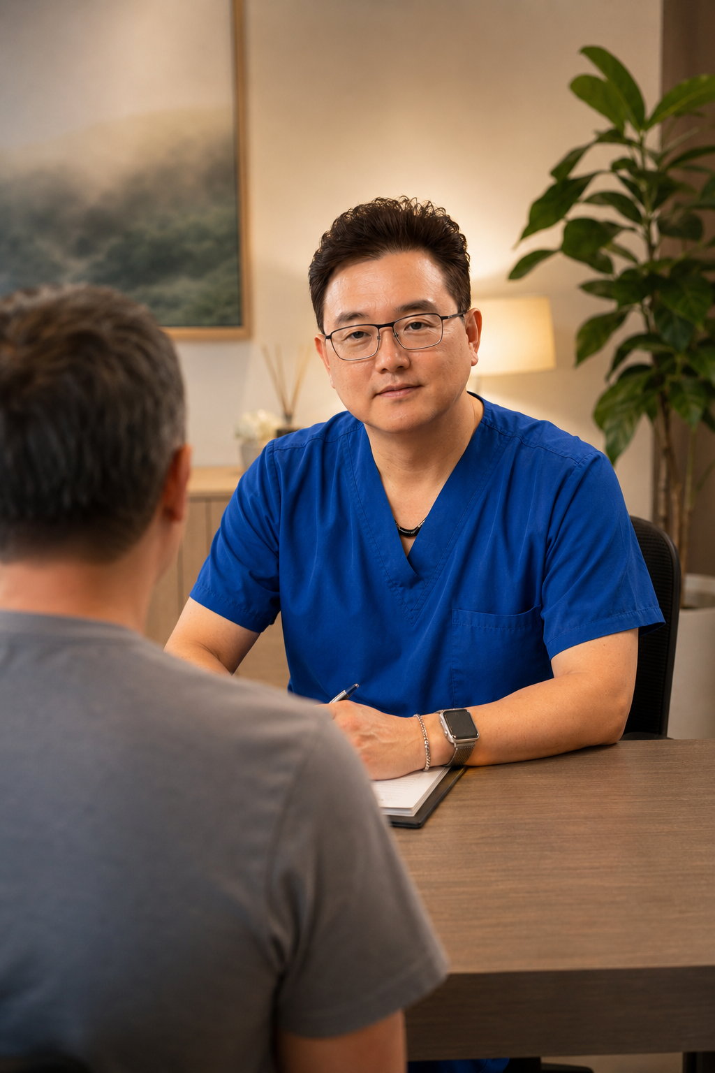 Dr. Kim consulting with a patient at New Hope Pain Center